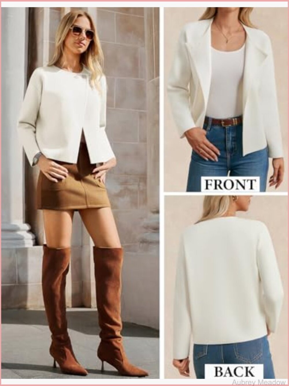 Cropped Knit Sweater Blazer Oversized Open Front Jacket Lapel Cardigan - Picture 4 of 7